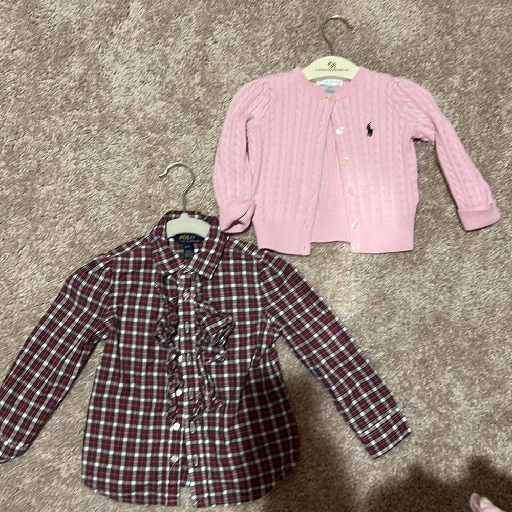 ralph lauren. plaid 3t, pink cardigan 18 months , used